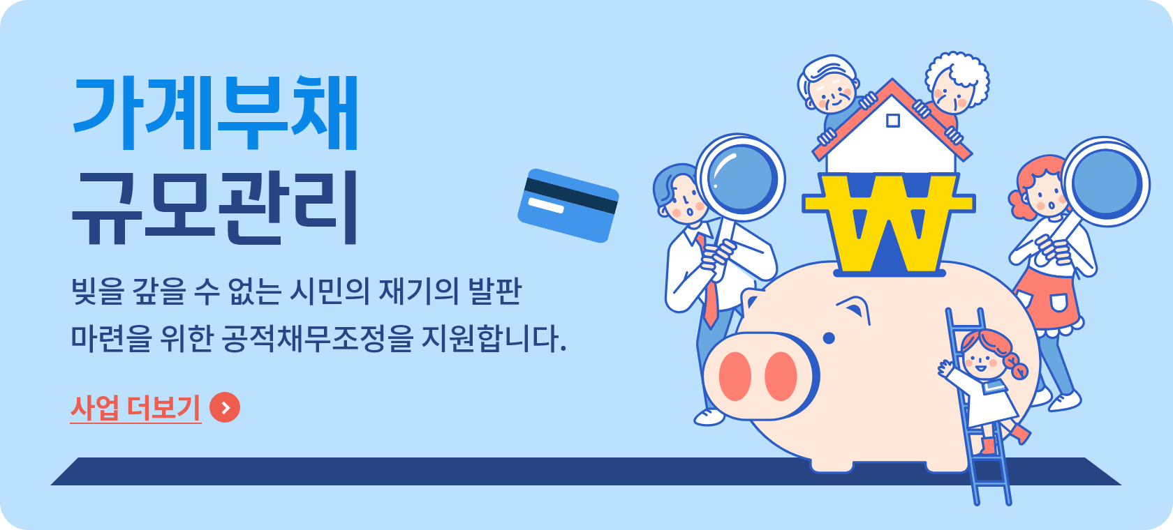 가계부채 규모관리 빚을 갚을 수 없는 시민의 재기의 발판 마련을 위한 공적채무조정을 지원합니다. 사업 더보기